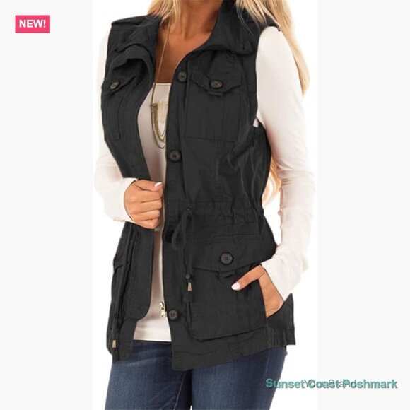 Jackets & Blazers - Lightweight Cotton Utility Vest with Drawstring and Pockets
